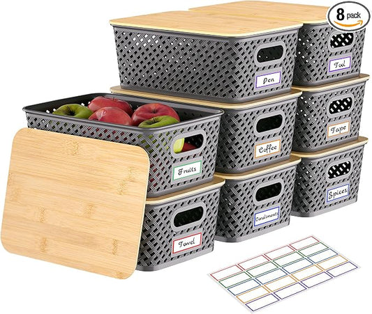 Anysig 8 Pack Plastic Storage Bins with Bamboo Lids, 5.2 QT Stackable Bins | Decorative Small Storage Basket Containers for Organizing Shelves Office Classroom Desktop Closet, Grey by AnysigOfficial