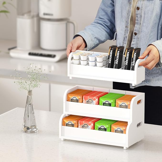 3-Tier Bamboo Tea Box Rack with Removable Dividers, Wall Mount Large Capacity for Pantry Drawer Cabinet Kitchen Office Coffee StationTea Bag Organizer, Stackable Tea Holder for Countertop, White - Image 2