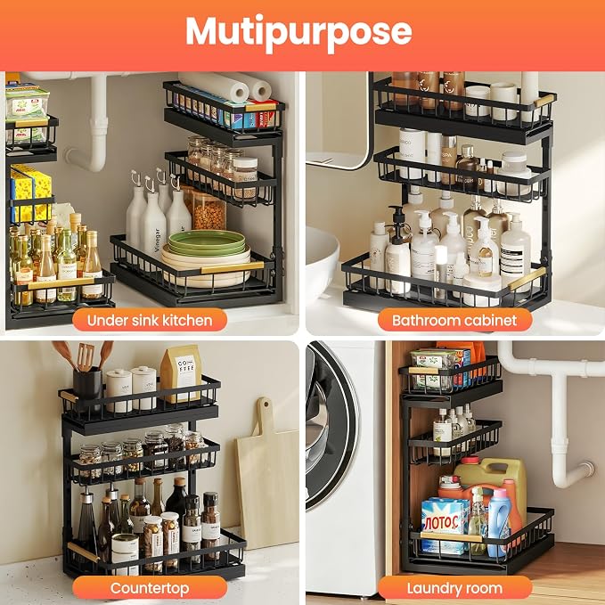 Under Sink Organizer and Storage for Bathroom and Kitchen - 2 Pack 3 Tier | Under Cabinet Pull Out Shelf Organizers - Slide Out Drawer Organization for Home Cabinets Shelves and Drawers - Image 7