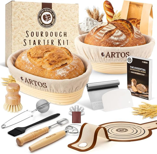 Sourdough Starter Kit | 9" Round & 10" Oval Banneton Bread Proofing Baskets | Sourdough Bread Baking Supplies with Silicone Sling Dough Whisk, Scrapers Lame, Detailed Guide & Recipes & more by AuraVille