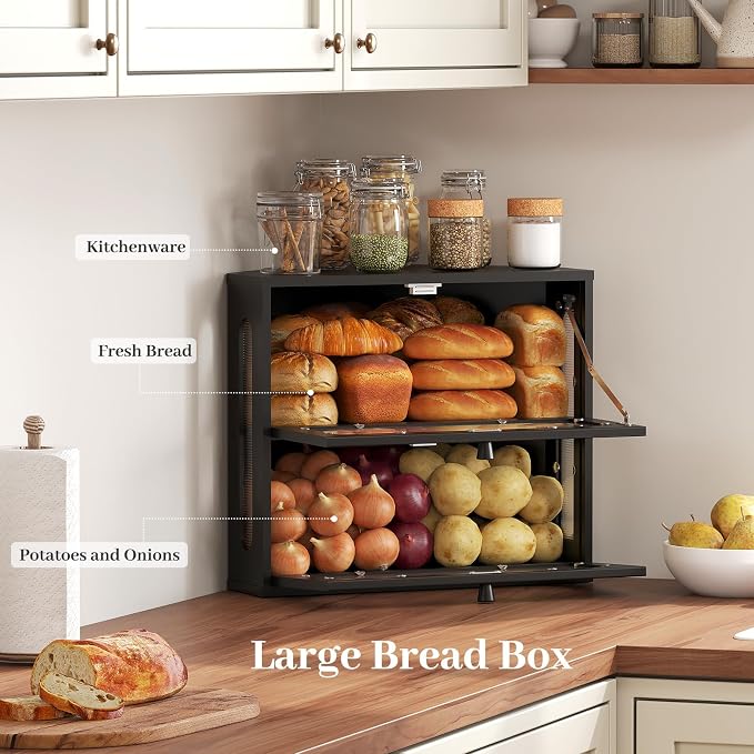 Corner Bread Box for Kitchen Countertop, 2026 New Double Layer Bamboo Bread Storage Bin, Large Bread Container for homemade bread (Black) - Image 3