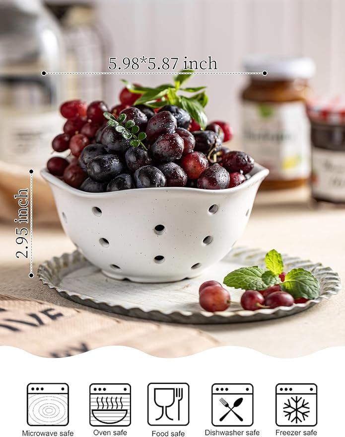 Gomakren Ceramic Berry Basket Set of 2, Rustic Fruit Basket Container 6 Inch, Fruit Bowl with Holes for Kitchen, Berries, Strawberry, Grape, Cherry, Floral Shape - Cream White - Image 2