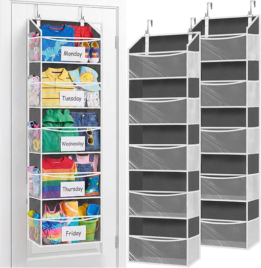 2P 5Tiers Over Door Organizer,Weekly Clothes Organizer for Kids | 5 clear PVC front pockets, 10 mesh side pockets, weekly outfit planner, for kids, dorm, entryway, RV, 50 lbs capacity by Ofiray-home