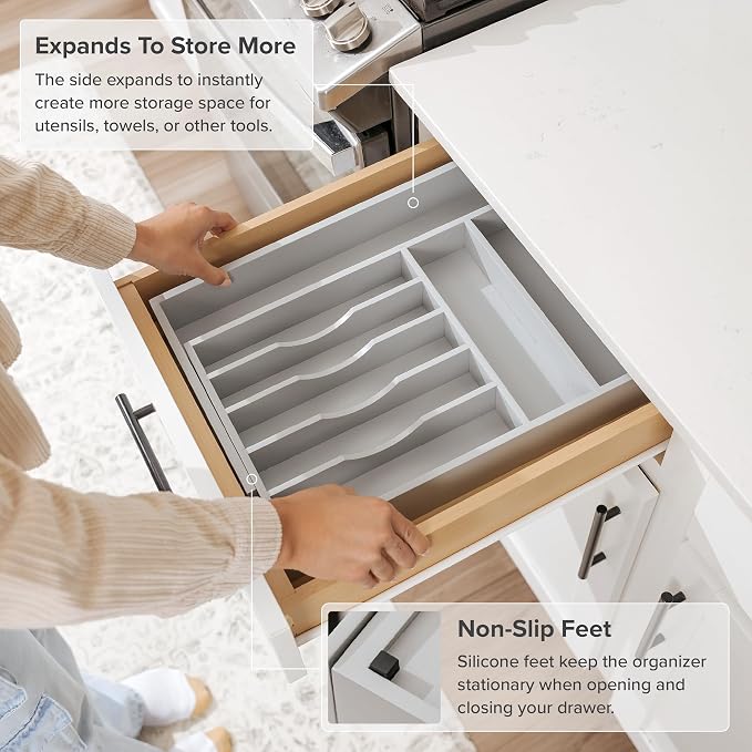 Silverware & Utensil Drawer Organizer, 10.5-19 in, Gray Bamboo | Cutlery, flatware, food-safe contract grade, kitchen drawer fit - Image 6