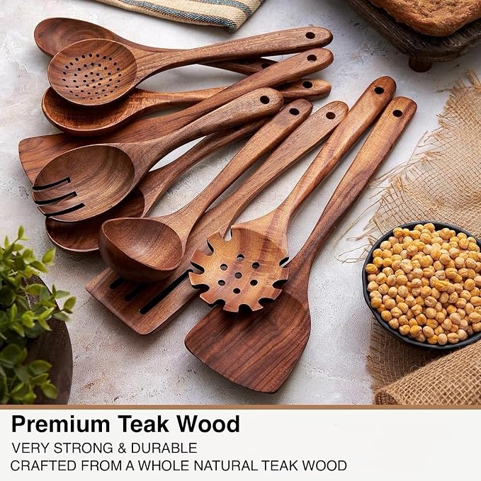 Wooden Spoons for Cooking -10 Pcs Cooking Utensils Set with Smooth Finish, Durable Teak Wood Kitchen Utensils Set, Nonstick Cooking Utensils, Lightweight, Heat-Resistant, Comfort Grip Kitchen Utensils - Image 2