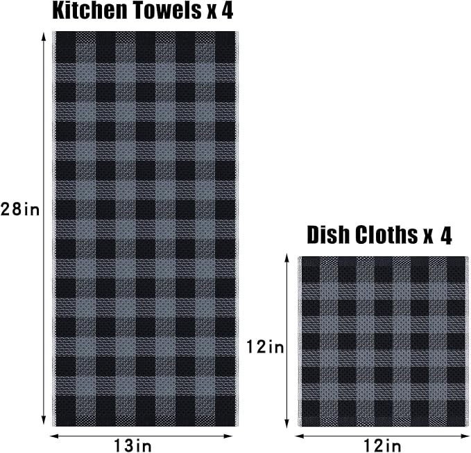 Homaxy Kitchen Towels and Dishcloths Set, 12" x 12" and 13" x 28", Set of 8 Bulk Cotton Waffle Weave Dish Towels, Super Soft Absorbent Hand Towels for Kitchen, Grey & Black - Image 3