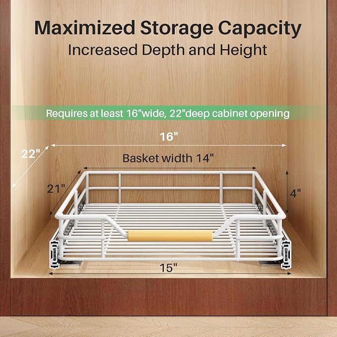 Pull out Cabinet Organizer, 15"W X 21"D, Heavy Duty Smooth Sliding Under Cabinet Shelves for Pots and Pans, Full-Extension Roll out Drawers, Slide out Organization for Home Kitchen Pantry, White - Image 3