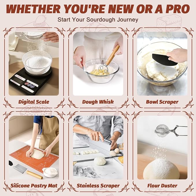 EWFEN Sourdough Starter Kit with Enamel Cast Iron Pot, Complete Sourdough Bread Baking Supplies, Round & Oval Bread Proofing Basket with 34 Oz Starter Jar, Bread Making Tools Kit - Image 6