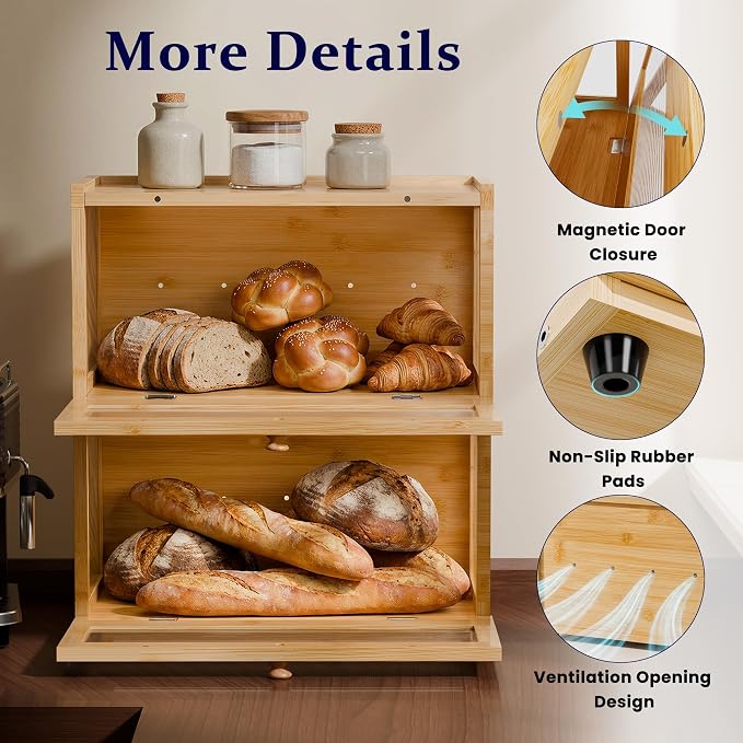 Stackable Bread Box for Kitchen Countertop, 2 Tier Bamboo Bread Storage Container Holder Bin for Baked Goods Snacks Farmhouse Breadbox with Acrylic Window for Pantry Cabinet Cupboard, Natural - Image 8