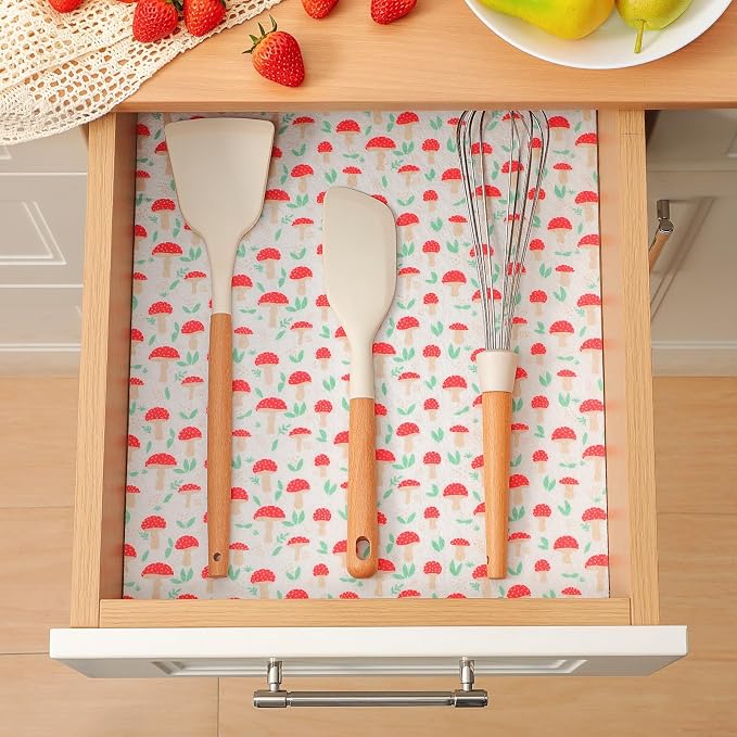 Cooyes 12 Pack Cloth Shelf Liners for Kitchen Cabinets, 17.7" × 24", Non-Slip Refrigerator Liners Machine Washable, Crisper Drawer Mats for Glass Shelves and Freezers, (Red Mushroom) - Image 4