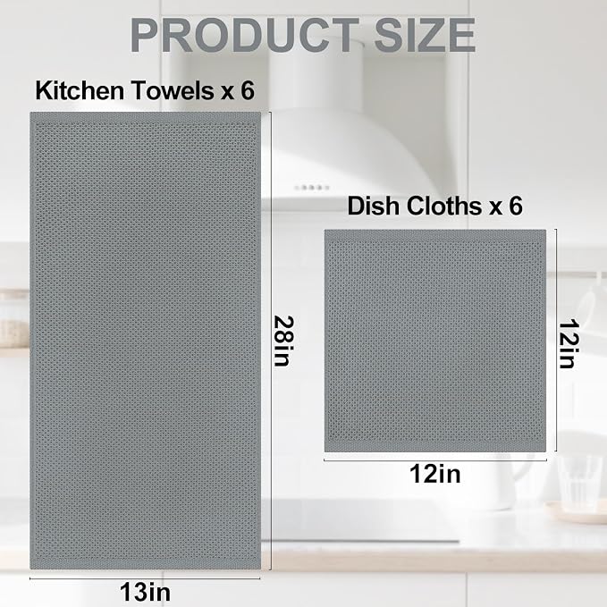 Homaxy 12 Pack 100% Cotton Kitchen Towels and Dishcloths Set, Grey | 12 x 12 Inches and 13 x 28 Inches Kitchen Towels Set, Ultra Soft Absorbent Dish Cloths for Washing Dishes - Image 4
