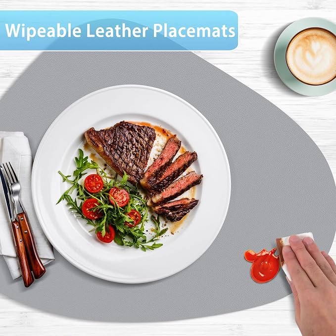 Faux Leather Placemats Set of 8, Wipeable & Washable Table Mats | Waterproof, Heat-Resistant & Easy to Clean Round Place Mats for Dining & Kitchen, 17''x13'', Grey - Image 4
