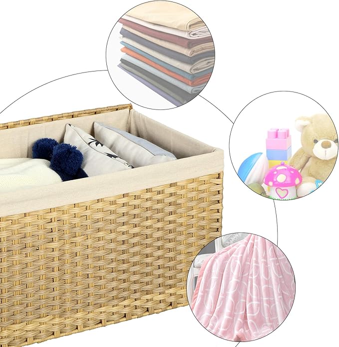 SONGMICS Storage Basket with Lid, Woven Blanket Storage Bin with Handles, Foldable, Removable Liner, Metal Frame, for Bedroom, Laundry Room, 17.2 Gallons (65 L), Natural URST56NL - Image 6
