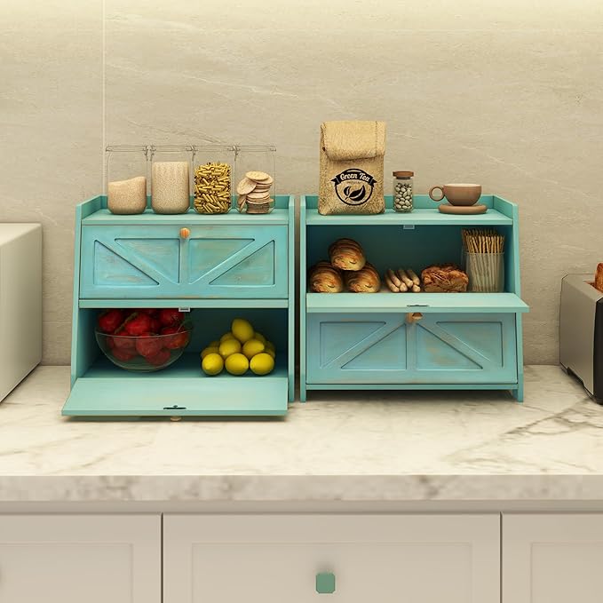 Trironsun Vintage Double Layer Bread Box for Kitchen Counter Bamboo Bread Storage Container Large Capacity Bread Storage Bin (Antique Blue) - Image 6