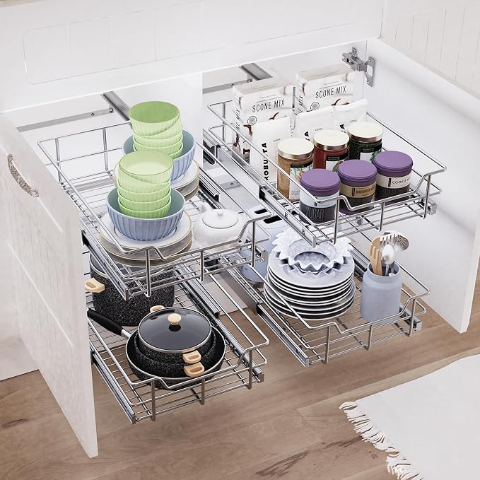Pull Out Cabinet Organizer 11" W X 17" D, Chromed, Full Slide Out Drawers | For Kitchen Organizers and Storage, Pull Out Drawers For Cabinets Capacity Heavy Duty Caddy, Cabinet Shelves, Bathroom Pantry - Image 6