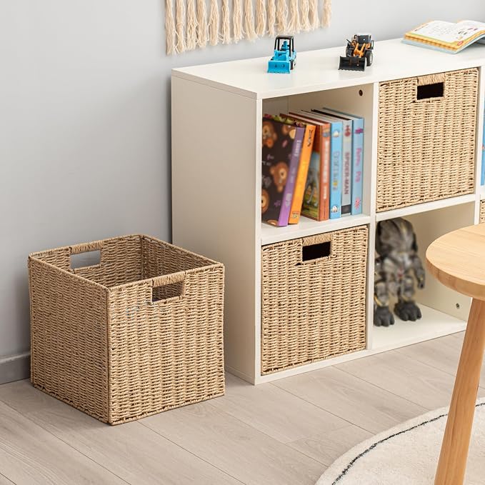 Handwoven Paper Woven Cube Basket Organizer with Handles set of 4 Foldable Storage baskets for Bedroom Living Room Cubby Storage Units for Clothes Books Toys (Natural, 13" L x 13" W x 13" H) - Image 4