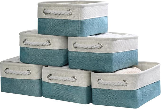 Storage Bins for Shelves - Small 6 Pack 11.8x7.8x5.2 inch Sturdy Storage Basket W/Handles, Decorative Foldable Storage Baskets for Organizing Closet Nursery Toy(White & Green) by TheWarmHome