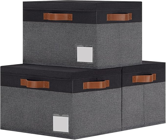 GhvyenntteS Fabric Storage Bins with Lids 3 Pack, Closet Storage Boxes with Lid and 3 Handles, Foldable Storage Baskets with Lids and Label Window for Home Office (Grey&Black, 15" x 11" x 9.7") by GhvyenntteS