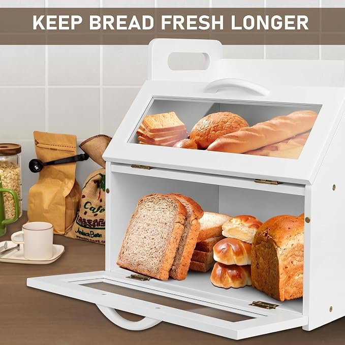 BAMBANG Bread Box for Kitchen Countertop, Extra Large Double Layer Bamboo Breadbox with Clear Window, Farmhouse Wooden Bread Storage Container for Homemade Bread, Knife & Cutting Board Holder, White - Image 4
