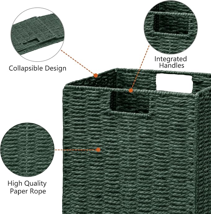 Wicker Storage Basket, Set of 2 Hand-Woven Paper Rope Wicker Basket, Foldable Cube Storage Bins, Square Large Storage Baskets for Organizing Shelves & Decor, Orange (13″×13″×13″) - Image 4