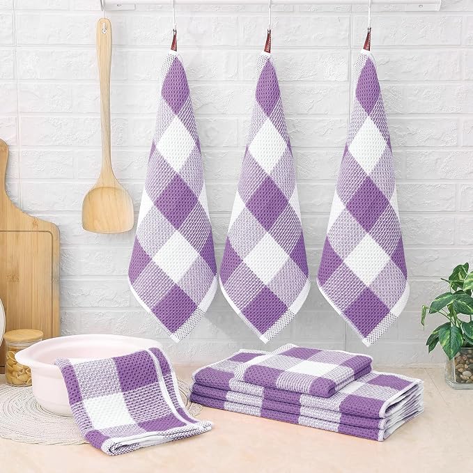 Homaxy Kitchen Towels and Dishcloths Set, Set of 8, White & Purple | Bulk Cotton Waffle Weave Check Plaid Kitchen Towels, Super Soft and Absorbent Dish Cloths, 12 x 12 and 13 x 28 Inches - Image 6