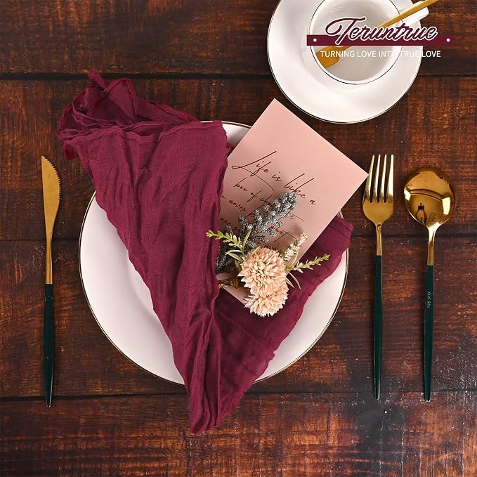 42 Packs Gauze Cheesecloth Napkins 20 x 20 Inch Burgundy Wrinkled Dinner Napkins Bulk, Rustic Boho Soft Cloth Napkin for Wedding Party Event Dinner Table Decoration - Image 4