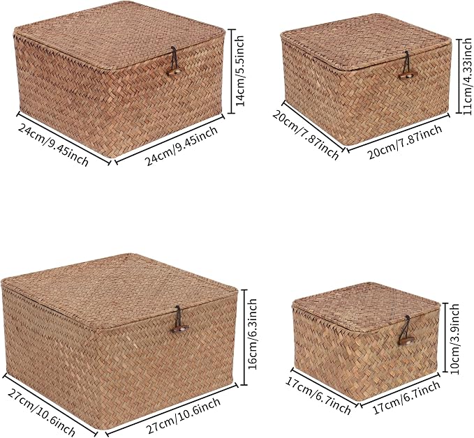 Moosky Wicker Shelf Baskets with Lid, Handwoven Seagrass Storage Basket Bins Square Gift Boxes for Shelves Home Decor Organizer (Coffee, Set of 4) - Image 6