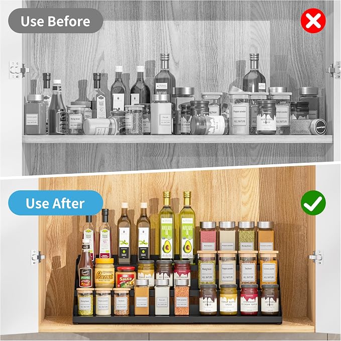 BOIVSHI Spice Organizer, Spice Rack for Expandable 3-Tier, Spice Organization for Cabinet Expandable Width and Adjustable Height, Seasoning Organizer for Cabinet, Countertop, Pantry, Black - Image 5