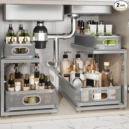 2 Pack 18.5IN-Depth Under Sink Organizer With Next-Gen Ball-Bearing Slides,2-Tier Precision Mesh Pull Out Cabinet Storage for Bathroom&Kitchen,Height Adjustable Drawers Shelf,Anti-rust-Grey by Corbyles