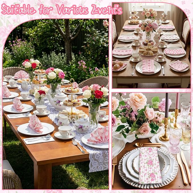 24 Pcs Floral Cloth Napkins 6 Patterns Washable Dinner Tea Party Napkins Reusable Plant Flowers Square Napkin Cotton Towel Decorative for Summer Wildflower Party(Pink Flowers) - Image 6