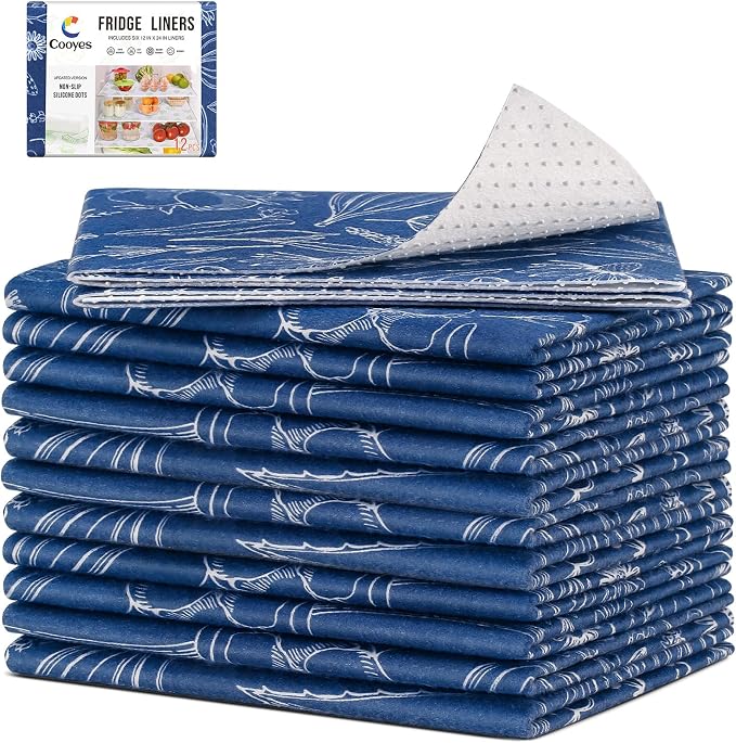 Cooyes Fridge Bin Liners, 12 Pack Refrigerator Liners with Non-Slip Particles, Drawer Mats for Kitchen Cabinets, Breathable Cloth Material, Washable, Keep Produce Fresh Longer by Cooyes