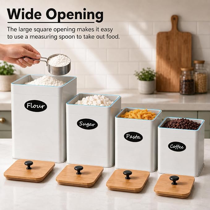 Kitchen Canisters Sets of 4 - Metal Flour Sugar Storage Containers Set for Countertop with Airtight Lids, Coffee Tea Canister Set with Customizable Chalkboard Labels & Marker Pen, White - Image 7