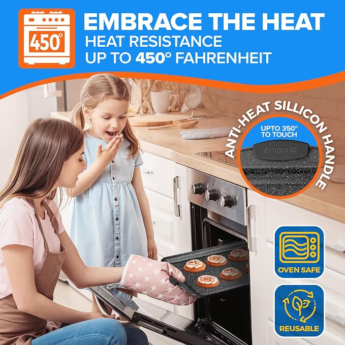 Emporio Kitchen Baking Pan Set - Nonstick Coating, Carbon Steel Bakeware Sets with Gray Silicone Handles, PFOA, PFOS, PTFE Free, Recipe Booklet Included, Oven Safe Tray (Up To 450° F), Set of 3 - Gray - Image 4
