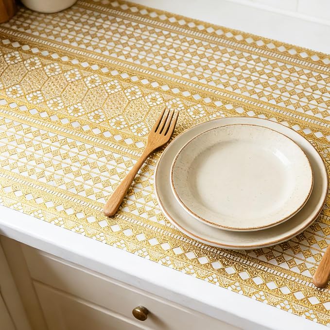 Drawer and Shelf Liner - Gold Geometric Lace Pattern,Non Adhesive | Non Slip Waterproof Easy-Clean Shelf Liner for Kitchen Cabinet, Bathroom, Pantry Storage Drawers, 17 in x 20 Ft - Image 2
