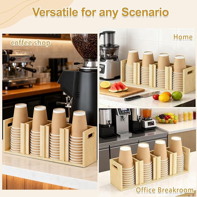 Wood Cup Lid Organizer 4 Compartments with Adjustable Dividers for Counter Wall Mount Disposable Cup and Lid Storage Kitchen Restaurants Fast Food Coffee Shop Supplies (20”W x 7”H x 4.7”D) - Image 7