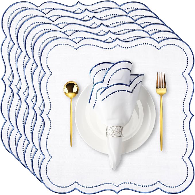 Hahafelt 6 Set Cloth Napkins 18x18inches Scalloped Embroidery Cloth Napkins Washable Polyester Table Dinner for Hotel Restaurant Weddings Events Parties (Navy Blue) by Hahafelt