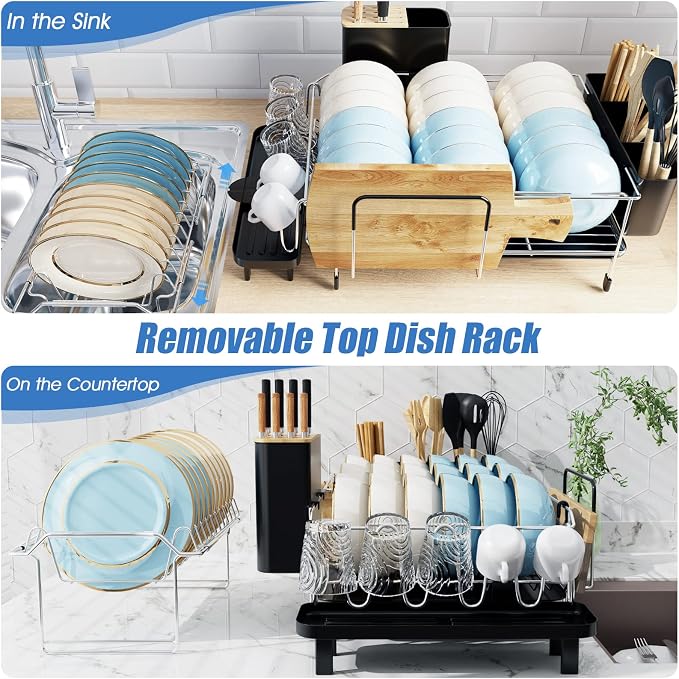 Giantex Dish Drying Rack, 2-Tier Dish Rack with Drainboard and Adjustable Swivel Spout, Large Dish Drainer with Cutting Board Holder, Utensil Holder, Knife Holder and Cup Holder for Kitchen Counter - Image 7