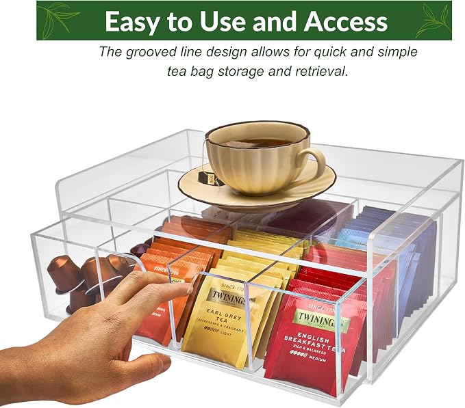 Heavy-Duty Acrylic Tea Station with 8-Compartment Drawer Organizer | Versatile Design: Features a smooth-sliding drawer with 8 compartments, plus a sturdy station top for coffee pods or mugs - Image 6