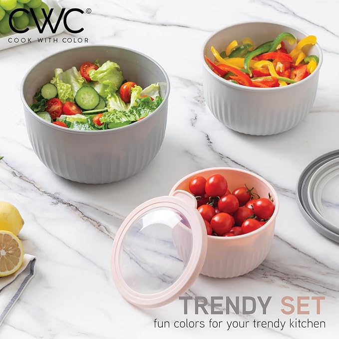 COOK WITH COLOR Prep Bowls with Lids- Wide and Deep Nesting Plastic Small Mixing Bowl Set with Lids, 8 Piece Set - Deep Bowls, Grey/Pink - Image 2