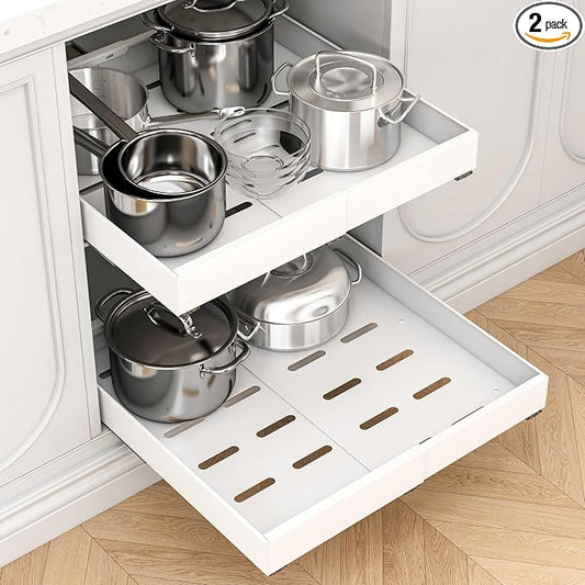 THMINS 2 Pack Expandable Pull Out Cabinet Organizer, 16" Deep Expandable (12.6" - 20.5") 3 Heavy Duty Slide Drawers Pull Out Drawers for Kitchen Storage Cabinet (White) by THMINS