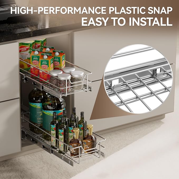 2 Tier Pull Out Cabinet Organizer 15" W X 17" D, Chromed, Full Slide Out | For Kitchen Organizers and Storage, Pull Out Drawers For Cabinets Capacity Heavy Duty Caddy, Cabinet Shelves, Bathroom Pantry - Image 6