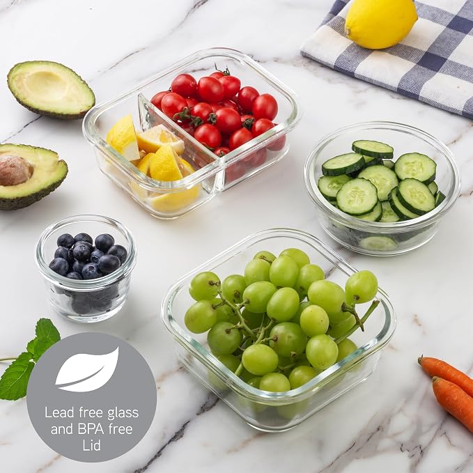 COOK WITH COLOR Premium 32-Pc. Borosilicate Glass Food Container Set with Dividers - 4 Rectangles, 8 Rounds, 4 Squares - Leakproof Lids - Meal Prep, Storage, Ombre Grey - Image 6