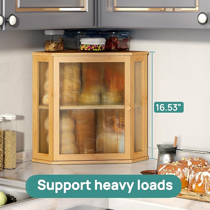 viewcare Corner Bread Box for Kitchen Counter, Bamboo Wood Large Capacity Bread Storage Bin with Acrylic Wavy Door Panel (Natural, Extra Large) - Image 7