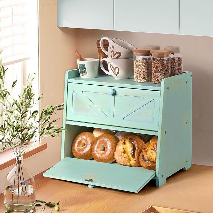 Bamboo Corner Bread Box for Kitchen Countertop 2-Tier Green | Farmhouse Bread Storage Container, Large Pantry Organizers for Homemade Snacks, Loaves, Breathable Keeps Bread Fresh - Image 3
