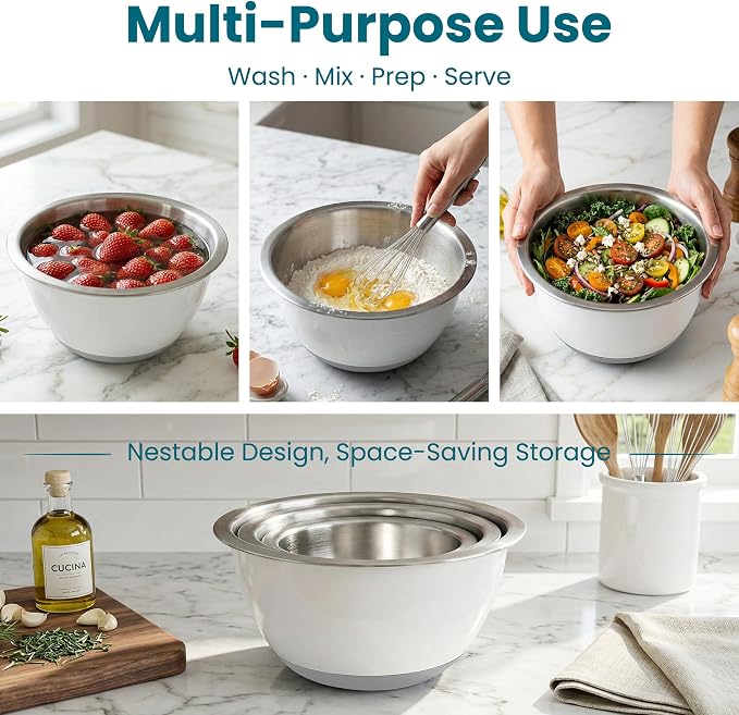 18/8 Stainless Steel Mixing Bowls Set with Lids,1.5,3 & 5 Qt,White | Non-Slip Silicone Base & Measurement Marks, Airtight Food Storage for Baking, Cooking & Meal Prep，Nesting Design - Image 4