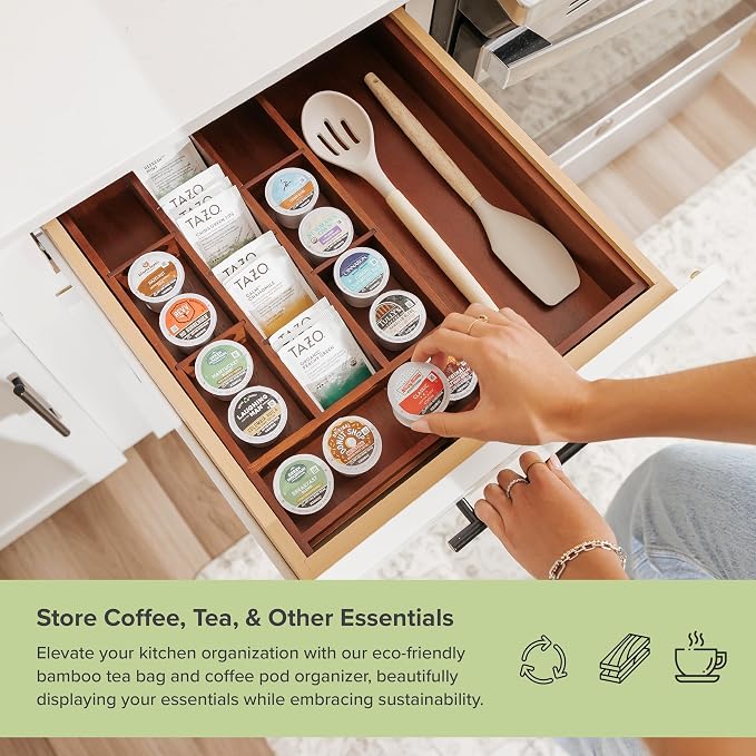 Tea Bag & Coffee Pod Organizer, 9.7-17 in, Acacia | 10 storage compartments, adjustable wall inserts, non-slip feet, food-safe - Image 5