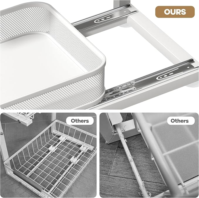 1-Pack Under Sink Storage Organizer with 2-Tier Slide Out Drawer, Sophisticated Mesh Pull Out Shelf for Kitchen & Bathroom, Fits Small Items, Upgraded Arched Track for Smooth Gliding-White - Image 3
