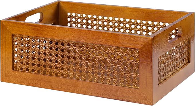 Rattan Wooden Box 14x10x6in Handmade Decorative Storage Basket with Handles | Natural Bamboo Woven Storage Basket Rustic Farmhouse Decor Home Office Tabletop Shelf Drawer Closet Desk Organizer, Brown by LaMor%C3%A9e