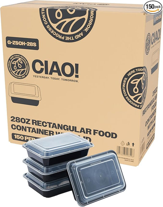 CIAO! Heavy Weight 28oz Injection Molded Microwavable Black Rectangular Food Container with Lid (150/case) by Ciao