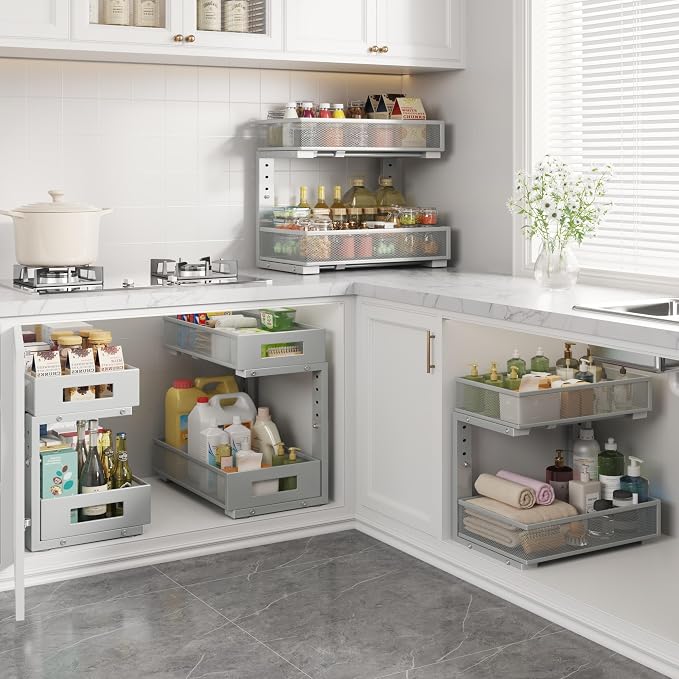 2-Pack Under Sink Organizers And Storage,Large Capacity 2-Tier Pull-Out Cabinet Organizer With Upgraded Tube Rails,Adjustable Height Sliding Drawers,Sturdy Mesh Shelves For Kitchen&Bathroom-Grey - Image 6